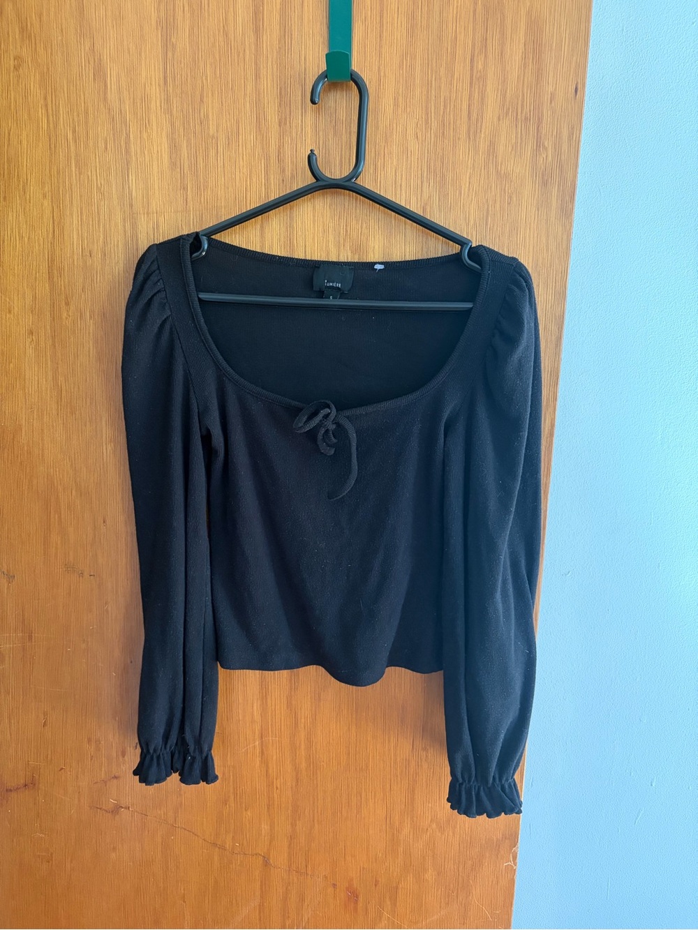 Black Scoop Neck Long Sleeve Tie-Front Top stretchy